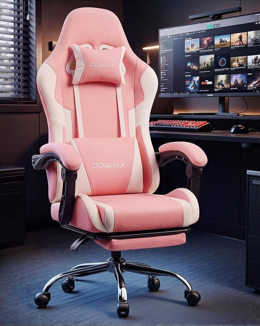 Dowinx Ergonomic Gaming Chair with Footrest & Massage Lumbar, 2D-Linkage Armrests for Computer Chair 330lbs with Headrest Pillow for Office, Home, Streaming and Long Gaming Sessions, Bright Pink