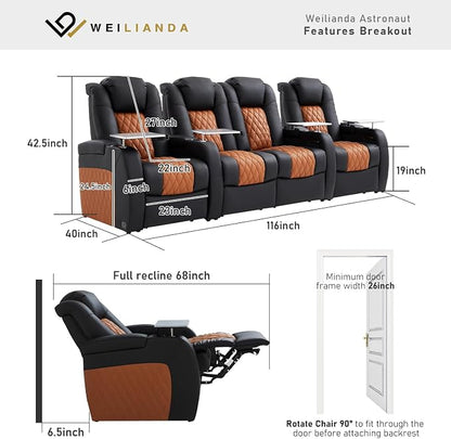 Weilianda Home Theater Seating Top Grain Leather Zero Gravity Recliner Chair Power Headrest Recline Movie Seat Gaming 7 Colors Mood Light Sofa with Tray Table Row of 4 Loveseat Middle Black Camel