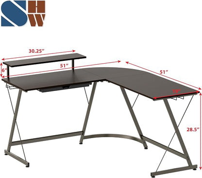 SHW 51 x 51 Inches Vista L-Shaped Desk with Monitor Stand and Drawer, Espresso