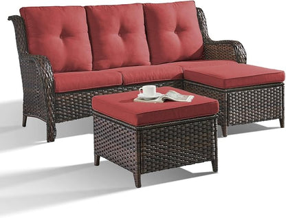 Outdoor Patio Furniture - 3 Seater Outdoor Rattan Wicker Sofa Patio Couch with Ottoman for Porch Deck Garden Backyard - Brown/Red