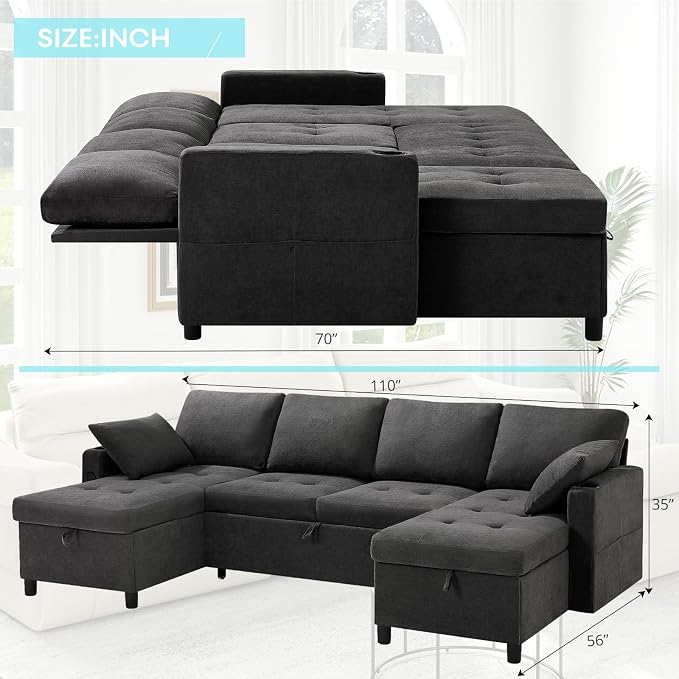 110" U-Shaped Pull Out Sofa Bed w/Adjustable Backrests, Grey | Sectional Sleeper Couch w/Convenient USB Ports & Storage Chaise, Upholstered Sofa Bed w/Cup Holders for Living Room, House