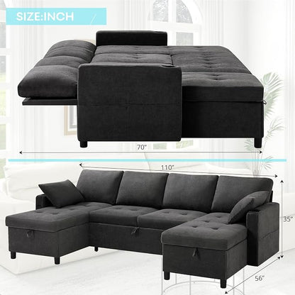 110" U-Shaped Pull Out Sofa Bed w/Adjustable Backrests, Grey | Sectional Sleeper Couch w/Convenient USB Ports & Storage Chaise, Upholstered Sofa Bed w/Cup Holders for Living Room, House