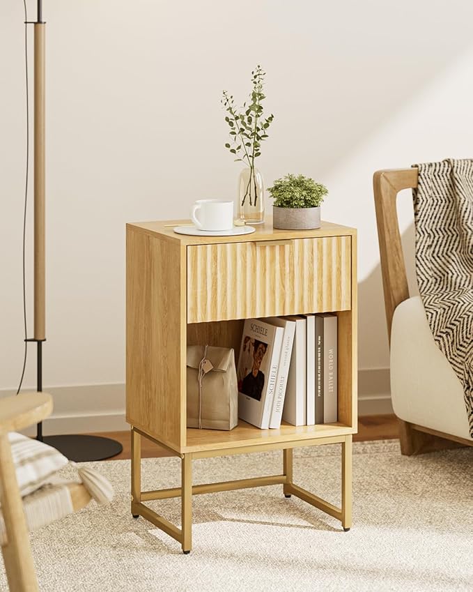Masupu Fluted Nightstand,Modern Night Stand Wood Bedside Table with Storage Drawer Side End Table for Bedroom,Office,Oak