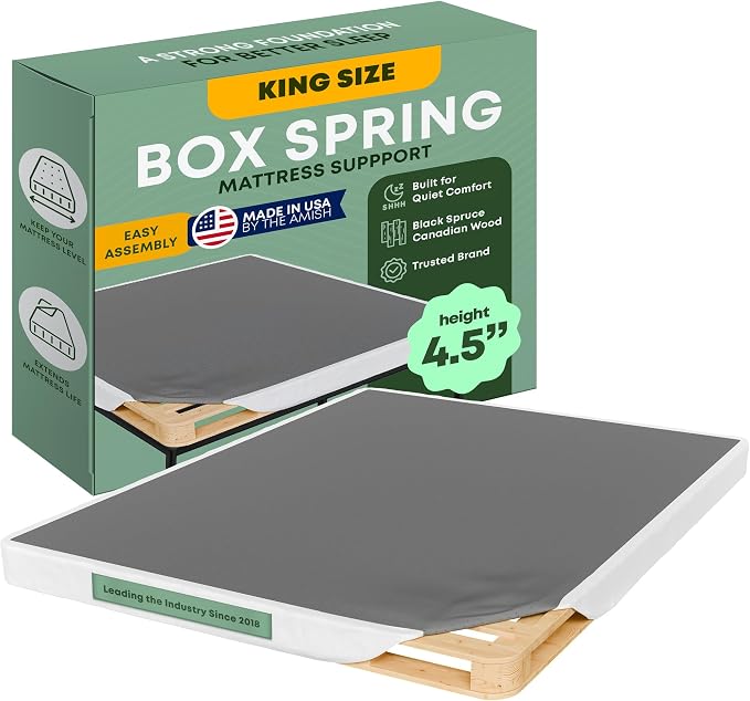 Greaton, 4.5” King Box Spring Only for King Size Bed – Amish-Made in The USA – Solid Wood Mattress Foundation with Stable & Quiet Support – Flat-Packed & Easy Assembly
