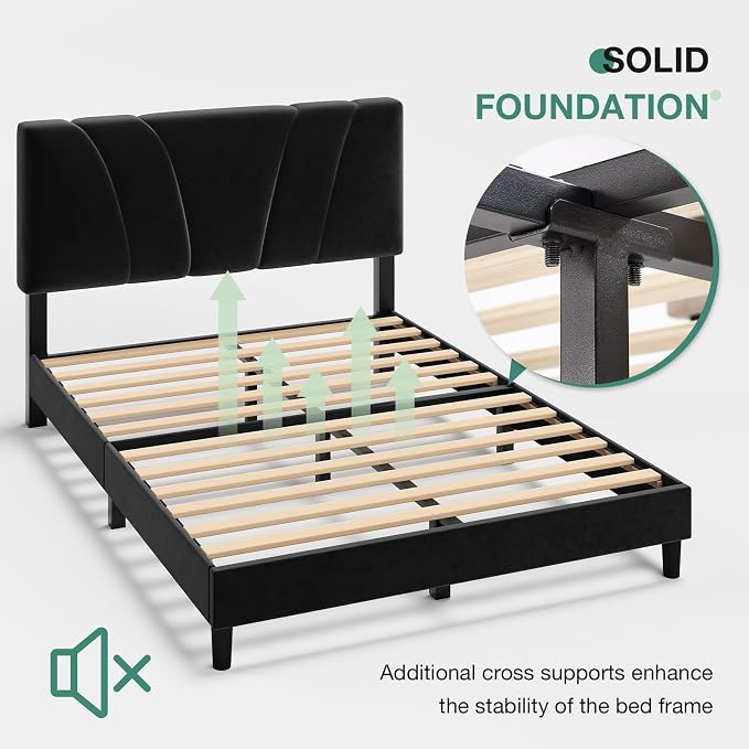 Novilla Full Size Bed Frame with Headboard, Full Bed Frame with Wooden Slats Support, Velvet Upholstered Headboard, No Box Spring Needed, Heavy Duty Feet, Easy Assembly, Black Velvet