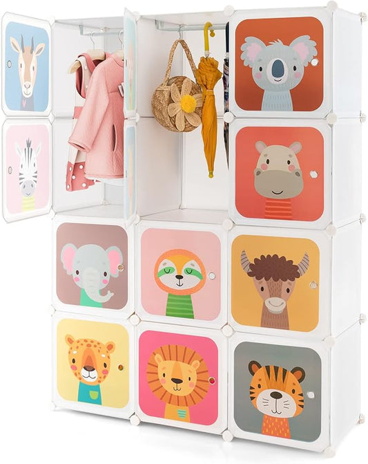 HONEY JOY Kids Wardrobe Closet, Baby Cartoon Clothes Storage Organizer, 12 Cubes & 2 Hanging Sections, Portable Children DIY Modular Bedroom Armoire Dresser Cabinet for Boys Girls (White)
