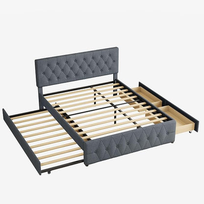 Queen Bed Frame with 2 Wood Storage Drawers & Pull‑Out Trundle Bed,Upholstered Platform Bed Frame Queen Size with Adjustable Headboard,Wooden Slats Support,No Box Spring Needed,Dark Gray