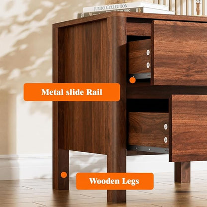 Furniway Walnut Mid-Century Modern 3 Piece Bedroom Furniture Set, 9 Drawer Dresser with Handleless Wood Grain Design and Nightstands Set of 2, Minimalist Storage Dresser for Bedroom