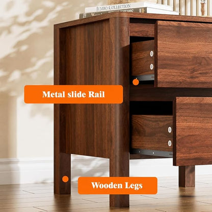 Furniway Mid Century Walnut Nightstand with 2 Drawers, Modern Wooden Bedside Table with Hidden Handles and Solid Wood Legs for Bedroom