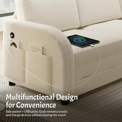85.1" L-Shaped Pull Out Sofa Bed – Oversize Convertible Sleeper Couch with USB Ports & Side Storage, Teddy Upholstered Sectional for Living Room & Bedroom, Beige White