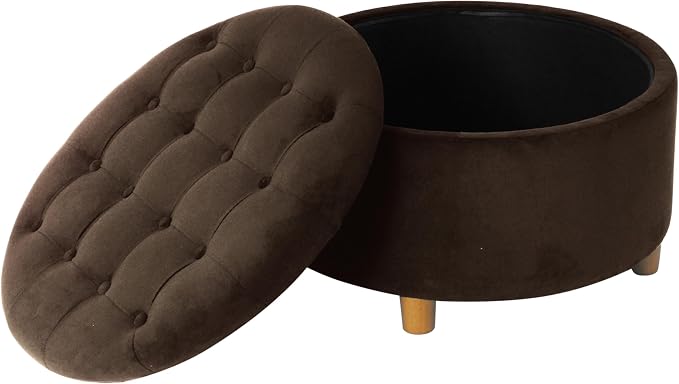 HomePop 28" Button Tufted Velvet Round Storage Ottoman - Chocolate Brown Velvet