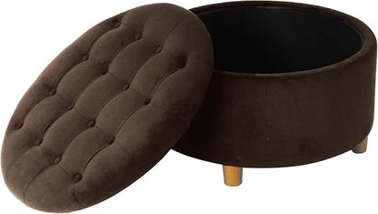 HomePop 28" Button Tufted Velvet Round Storage Ottoman - Chocolate Brown Velvet