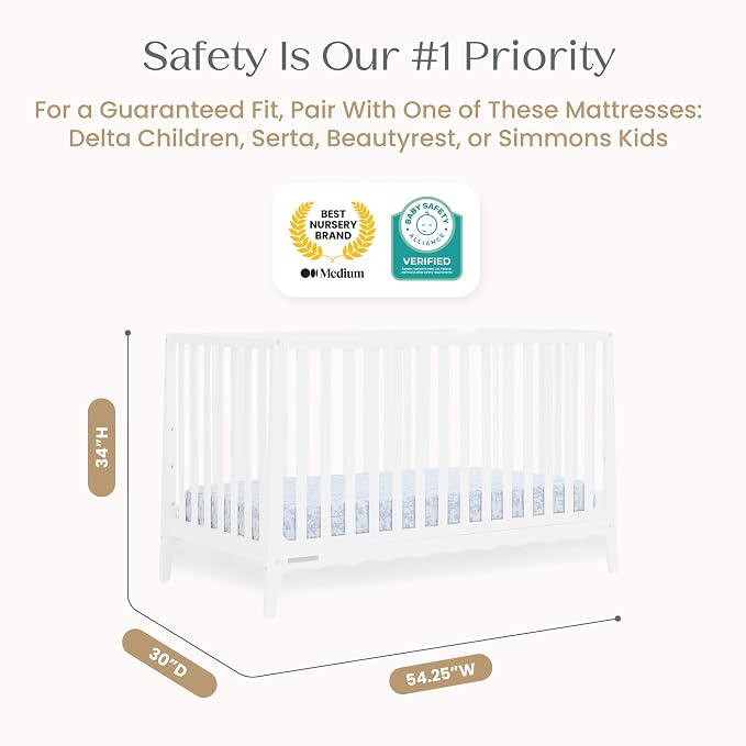 Delta Children Lulu 5-in-1 Convertible Crib, Converts to Toddler Bed, Daybed, Sofa & Full-Size Bed, Greenguard Gold Certified, Fits Standard Crib Mattress, 3 Mattress Heights for Baby,Bianca White