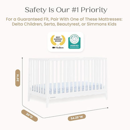 Delta Children Lulu 5-in-1 Convertible Crib, Converts to Toddler Bed, Daybed, Sofa & Full-Size Bed, Greenguard Gold Certified, Fits Standard Crib Mattress, 3 Mattress Heights for Baby,Bianca White