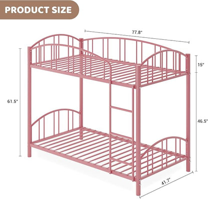 GarveeHome Metal Bunk Bed Twin Over Twin, Heavy Duty Bunkbeds Frame with Arched Guardrail and Safety Ladder, Sturdy Steel Bed for Kids Boys Girls, Space-Saving, No Box Spring Needed, Modern Pink