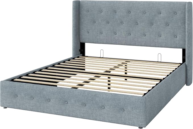 Allewie Queen Size Lift Up Storage Bed, Button Tufted Headboard with Wingback, Hydraulic Support, No Box Spring Needed, Grey Blue