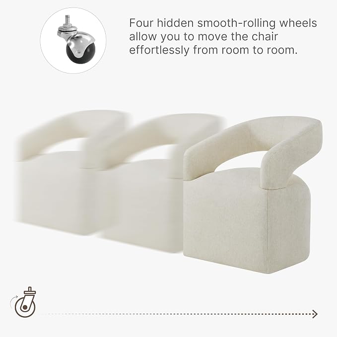 KISLOT Upholstered Dining Chairs Set of 1, Modern Rolling Dining Chairs with Hidden Casters, Arm Kitchen Chairs with Linen Look Fabric, Padded Barrel Chairs for Dining Room, Kitchen, Cream Beige