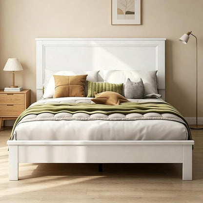 Wood Bed Frames with Headboard, Mid Century Bed Frame with Solid Wood Legs & Wooden Slat Support, Mattress Foundation Bed Base, No Box Spring Needed, (White, Full)