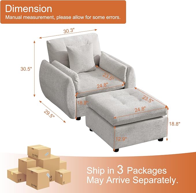 30" Modular Cloud Accent Chair with Ottoman, Deep Seat Tufted Chenille Sofa Chair with Curved Arms, Upholstered Reading Chairs for Living Room, Bedroom, Light Grey