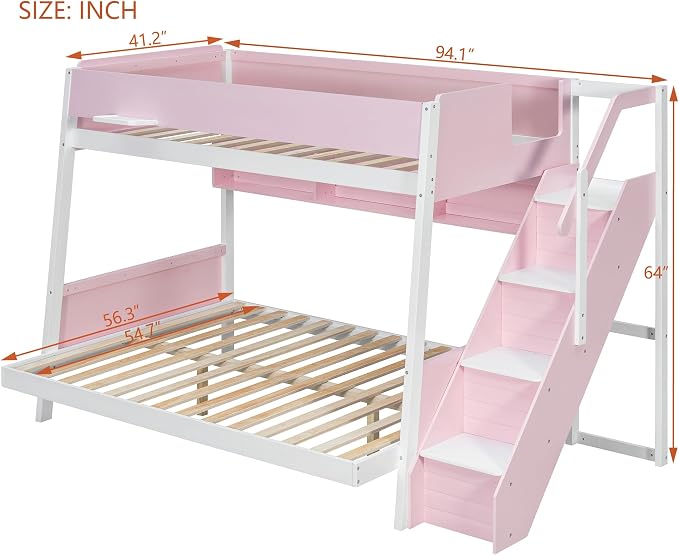 Wood Bunk Bed Twin Over Full with Staircase and Side Shelves | Striped-Design Staircase, Built-In Light Strip, Space-Saving Design, Kids Teens Adults, Versatile Bed Frame