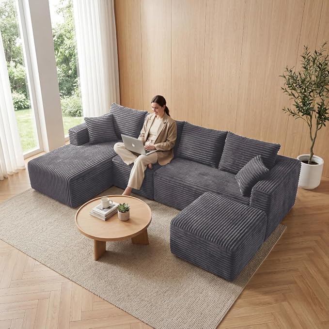 118" Modular Sectional Sofa with Chaise and Ottoman, Oversized U-Shaped Corduroy Cloud Couch, Deep Seat Boneless Couch for Living Room, No-Assembly - Grey(Left Facing Chaise)