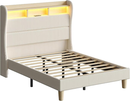 Bestier Queen Size Upholstered Wingback Bed Frame with 51” High Headboard Corduroy Fabric RGB LED Lights, Charging Station Dual Storage Shelves Modern Off White Platform Bed No Box Spring Needed