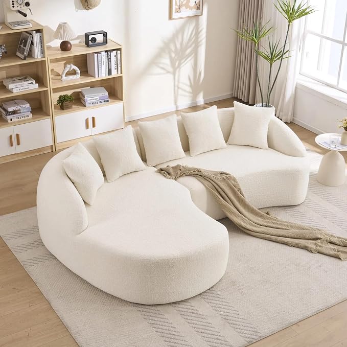 106.3" Curved Sofa with L-Shape Chaise,Modern Luxury Chenille 4-Seater Sofa,Curved Cloud Couch with 4 Throw Pillows for Living Room, Apartment (White)