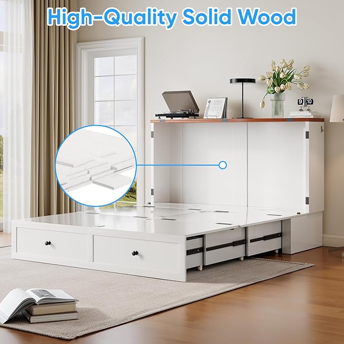 PUREMIND Murphy Bed Full, Farmhouse Frames Cabinet Beds Chest with Charging Station & Storage Drawers, Convertible Hideaway Cabinet Bed for Guest Room, White, Without Mattress