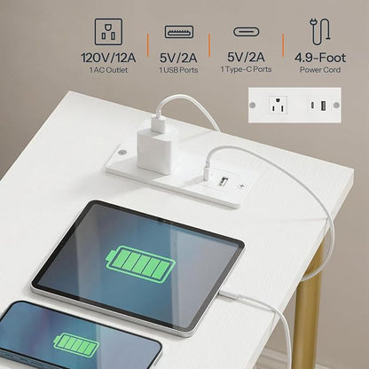 HOOBRO Side Table with Charging Station, Set of 2 End Tables with USB Port and Outlets, Nightstand with 2-Layer Storage Shelves for Small Spaces, Living Room, Bedroom, White and Gold DW09UBZP201