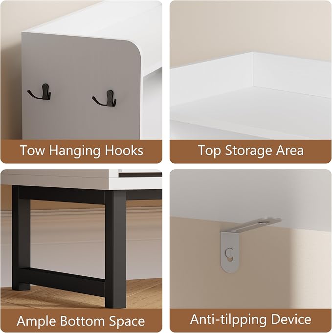 Shoe Cabinet with 2 Flip Drawers, Freestanding Hidden Shoe Storage Organizer for Entryway, Narrow Slim Shoe Rack Cabinet with Open Storage & Hooks for Front Door Entrance, Living Room, Hallway, White