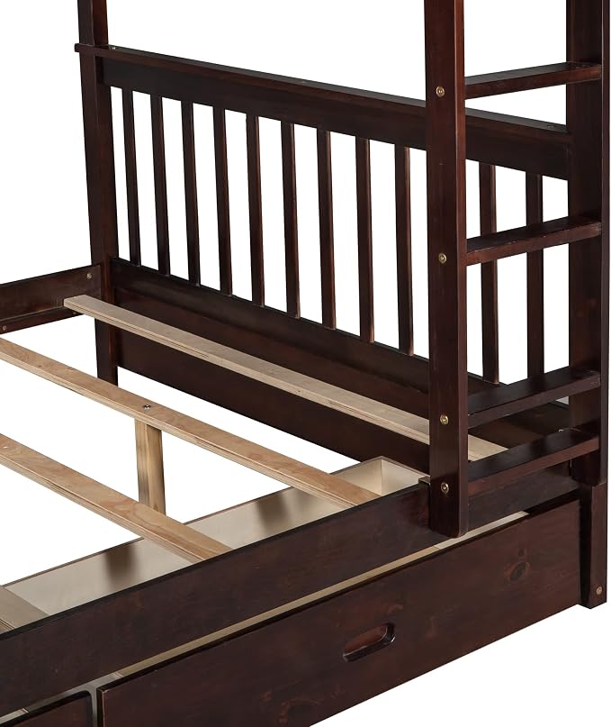 Merax Full-Over-Full Bunk Bed with Two Storage Drawers, Solid Wood Full Size Bunk Bed with Guardrail and Removable Ladder, Can be Converted Into 2 Separate Beds, Espresso