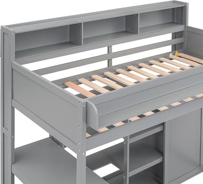 Ball & Cast Twin Size Loft Bed with Stair & Safety Guardrail,Wood Bedframe with Storage Drawer,2 Wardrobes & Mirror,Space Saving,No Box Spring Needed,Versatile Bedroom Furniture for Boys Girls,Gray