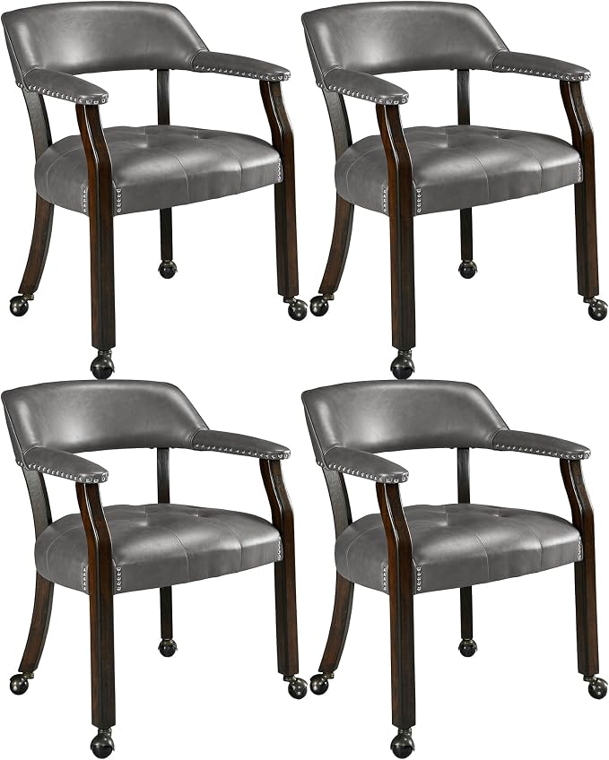LEEMTORIG Set of 4 Large Dining Chairs with Casters and Arm, Rolling Dining Chairs with Wheel, Poker Table Chairs, Boss Caption's Chair, 26"D x 25.2"W x 31.5"H, Espresso Legs & Dark Grey, XXY-1910-DG
