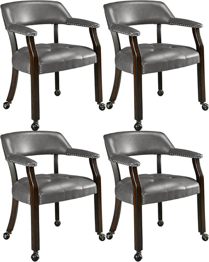 LEEMTORIG Set of 4 Large Dining Chairs with Casters and Arm, Rolling Dining Chairs with Wheel, Poker Table Chairs, Boss Caption's Chair, 26"D x 25.2"W x 31.5"H, Espresso Legs & Dark Grey, XXY-1910-DG