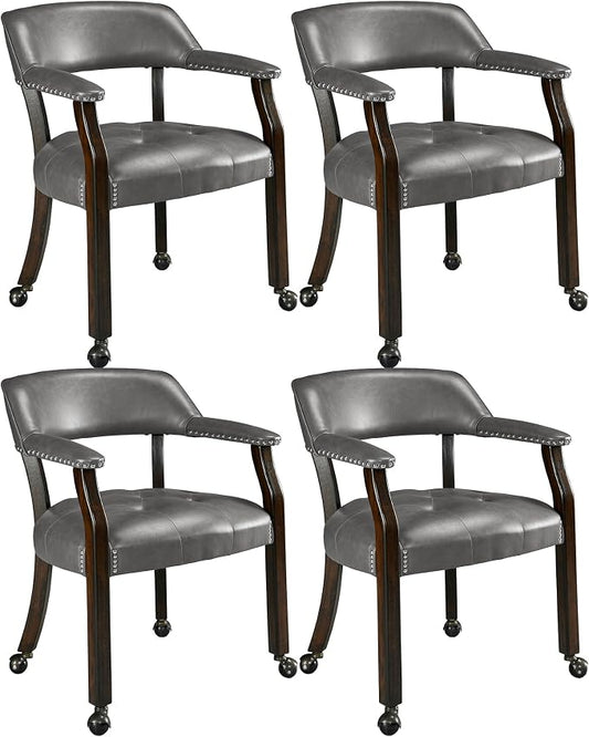LEEMTORIG Set of 4 Large Dining Chairs with Casters and Arm, Rolling Dining Chairs with Wheel, Poker Table Chairs, Boss Caption's Chair, 26"D x 25.2"W x 31.5"H, Espresso Legs & Dark Grey, XXY-1910-DG