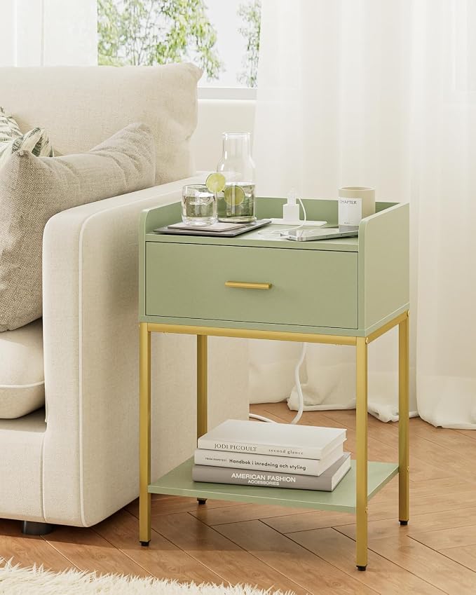 Masupu Nightstand with Charging Station,3-Tier Modern Bedside Night Stand with Storage Drawer and Shelf,Small End Side Table for Bedroom,Living Room,Gold and Green