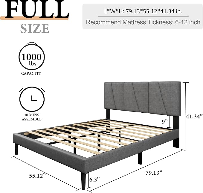 Sismplly Full Size Platform Bed Frame with Upholstered Headboard, Wooden Slats Support, Noise Free, No Box Spring Needed, Easy Assembly, Dark Grey, Linen