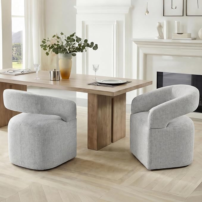 KISLOT Upholstered Dining Chairs Set of 2, Modern Arm Kitchen & Dining Room Chairs with Hidden Casters, Linen Fabric Padded Rolling Chairs, Sturdy Wood Frame, 300 lbs Capacity, Light Grey