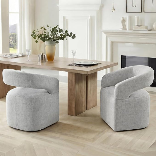 KISLOT Upholstered Dining Chairs Set of 2, Modern Arm Kitchen & Dining Room Chairs with Hidden Casters, Linen Fabric Padded Rolling Chairs, Sturdy Wood Frame, 300 lbs Capacity, Light Grey