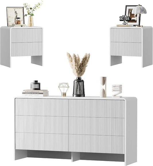 Furniway 3 Piece Bedroom Dresser Set, 6 Drawer Dresser with 2 Nightstands, Fluted Chest of Drawers with Pop-Up Design, Modern Storage Furniture for Bedroom, Living Room, Entryway, White