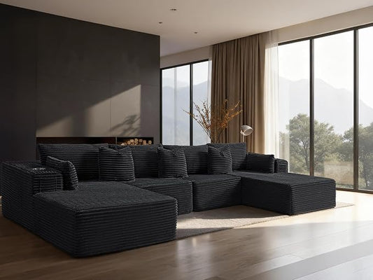 138" Cloud Sectional Couch, Comfort U Shaped Sofa for Living Room, Extra Deep Seats No Assembly, Minimalist Modular Couch, Corduroy (Black, 6 Seats,U-Shape C)