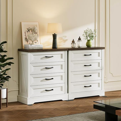 AODK White Farmhouse 4 Drawer Dresser for Bedroom, 39" Tall Engineered Wooden Chest of Drawers with Metal Handle, Modern Storage Cabinet and Organizers for Closet, Living Room, Entryway, Walnut Top