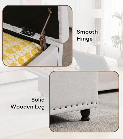 Tbfit Large Square Storage Ottoman Bench, Tufted Upholstered Coffee Table with Lift Top & Solid Wood Legs, Oversized Storage Ottomans Toy Box for Living Room (Beige)
