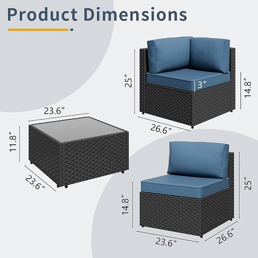SUNLEI 5 Piece Patio Furniture Sets, Low Back All-Weather Rattan Sectional Sofa with Tea Table&Washable Couch Cushions, Patio Furniture Sets, Black Rattan (Aegean Blue)