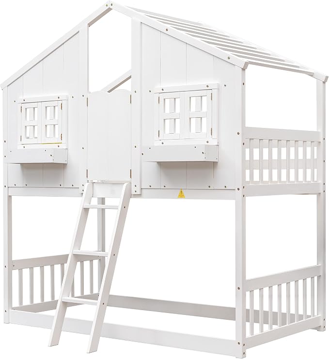 Twin over Twin House Bunk Bed with Roof,Windows,Door,Window Boxes,Safety Guardrails & Ladder,Pine Wood Frame,Low-Height Kids Bunk Beds for Bedrooms,Playful Loft Bed with Easy Assembly, White