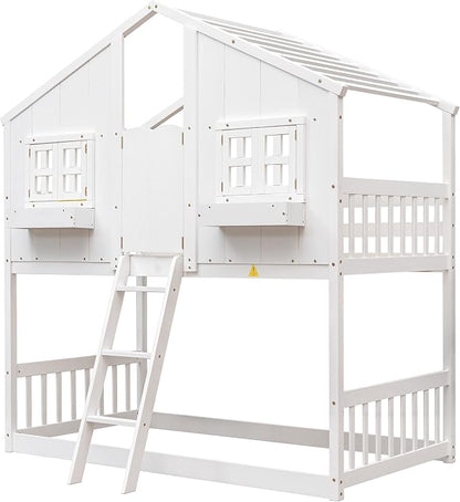 Twin over Twin House Bunk Bed with Roof,Windows,Door,Window Boxes,Safety Guardrails & Ladder,Pine Wood Frame,Low-Height Kids Bunk Beds for Bedrooms,Playful Loft Bed with Easy Assembly, White
