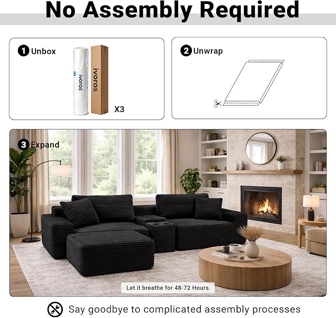 ivoros 111 Inch Modular Sectional Sofa Couch, Oversized Modern Cloud Couch for Living Room, L Shape Couches with Ottomans, USB Ports and Cup Holders, Black Corduroy Boneless Sofas, Sofa in a Box