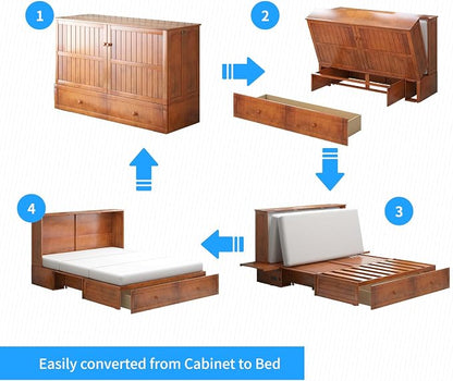 PUREMIND Queen Murphy Bed with Mattress Included, Murphy Cabinet Bed with Storage Drawer, Built-in Charging Station, Solid Wood Frame, Space-Saving Cabinet Beds for Small Spaces/Guest Room (Cherry)