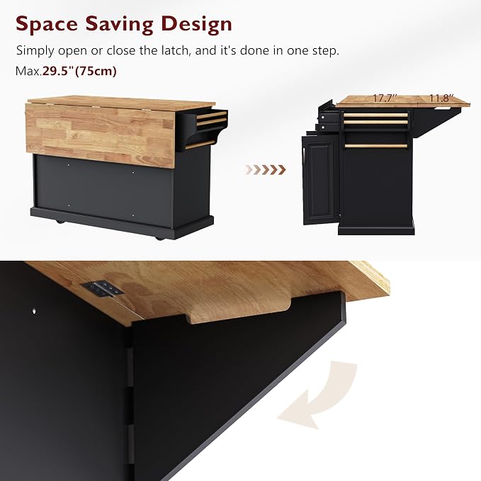 Large Kitchen Island with Rubber Wood Drop Leaf, Rolling Kitchen Cart with Ample Storage on Wheels with Doors and Drawers, Embossed Texture for Dining Room (Black, Silver Handle, 54Inch)