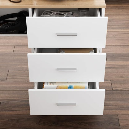 MOUMON L Shaped Standing Desk with Drawers and Shelves, Executive Adjustable Height Desk, L-Shaped Design, 63 inch Tabletop, for Office Oak and White (63”W x 63”D x 28.9-45.3”H)